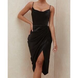 House of CB Reva Black Satin Cocktail Bodycon Dress Womens Medium